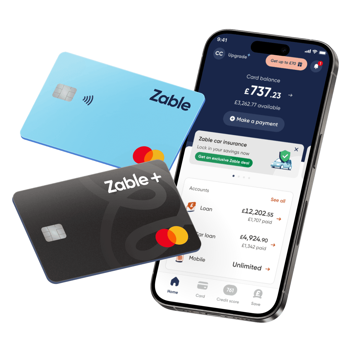 Phone showing the Zable app with credit cards